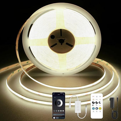 COB LED Strip Light 4000K, 24ft Dimmable Natural White LED Strip Light, CRI92+, DC24V Tape Light with RF Remote, Timer Function, Bluetooth App Control for Home Bedroom Kitchen DIY Lighting.