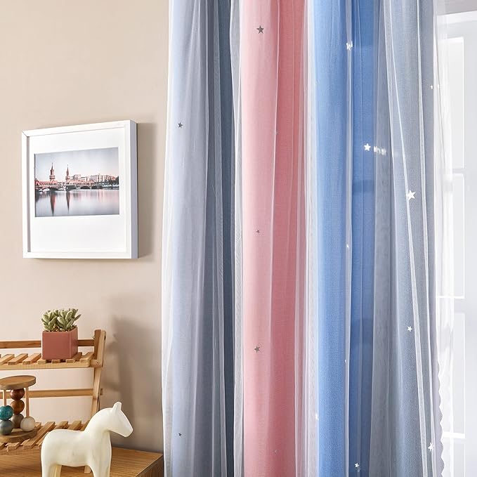 XiDi Curtains for Bedroom Decor, Rainbow PinkGreyBlue-52-90