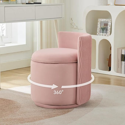 Velvet Vanity Chair with Storage, 360° Swivel Makeup Chair with Wave Back, No Assembly Small Accent Stool for Bedroom, Dressing, Living Room, Pink