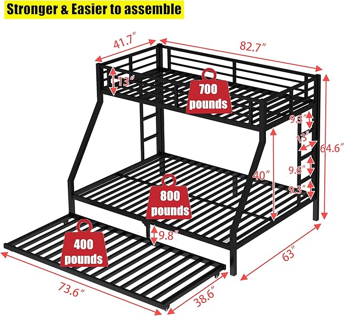 LUXIEE Upgraded & Stronger Heavy Duty Steel Twin XL Over Queen Bunk Bed Frame, More Stable Safer Thickened Metal Bunkbeds with Twin Size Trundle (Twin XL Over Queen)