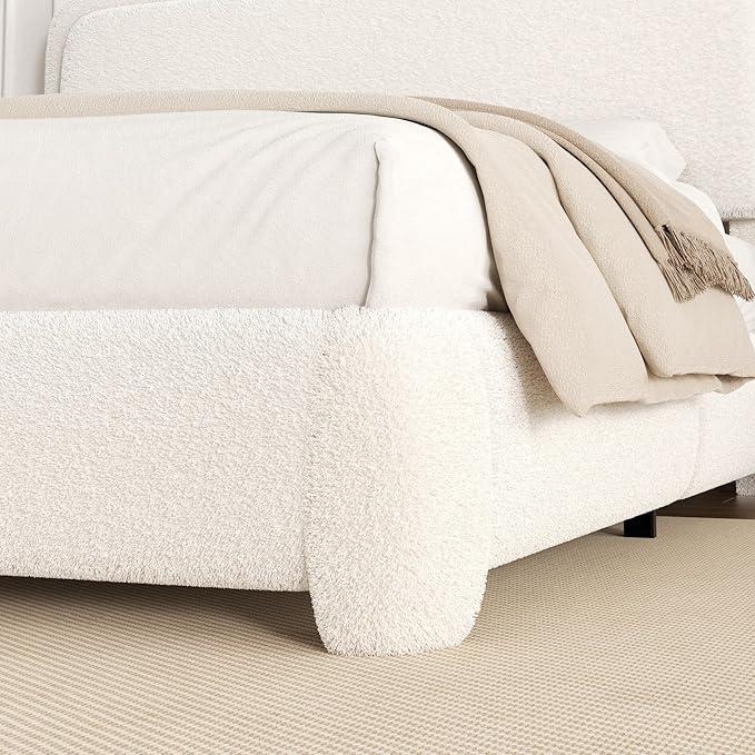King Size Boucle Bed Frame, Upholstered Cloud Platform Bed Frame with Headboard, Anti-Collision Soft Rounded Corners, No Box Spring Required, Easy Assembly, Noise Free, Adjustable Headboard