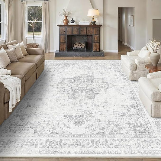 8x10 Vintage Washable Area Rugs Boho Medallion Large Distressed Retro Accent Carpet Floral Non-Slip Soft Low Pile Indoor Throw Rug for Living Room Bedroom Dining Room Office Kitchen, Gray