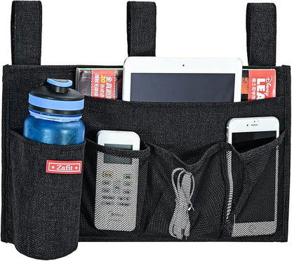 Zafit Linen Bedside Caddy, Bedside Storage Organizer for Hospital Beds, College Dorm Rooms or Baby Bed (5 Pockets-Black)