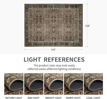 9x12 Vintage Washable Area Rug for Living Room,Low Pile Non Slip Carpet Non-Shedding Large Area Rug Soft Indoor Stain Resistant Rug Floral Print Mat for Bedroom Dining Room Brown Floral