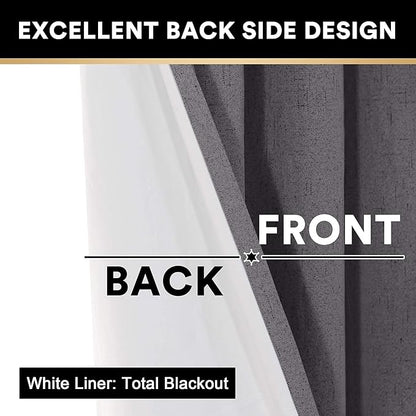 PrinceDeco Primitive Textured Linen 100% Blackout Curtains for Bedroom/Living Room Energy Saving Window Treatment Curtain Drapes, Burlap Fabric with White Thermal Insulated Liner (52 x 96 Inch, Grey)