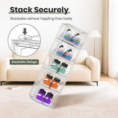 Thicken Hard Clear Shoe Storage Organizer for Closet, 12 Pack Modular Plastic Stackable Shoe Storage Box Organizer, Shoe Sneaker Rack Display Case Containers Bins with Lids, White