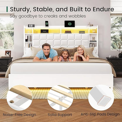 LARMACE King Size Bed Frame with 4 Storage Drawers and Bookcase Headboard, Faux Leather Upholstered, Wooden Platform Bed Frame with Charging Station and LED Lights, No Box Spring Needed, White