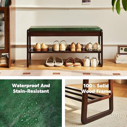 Solid Wood Shoe Bench, 2-Tier Wooden Storage Entryway Bench, Mid-Century Modern Shoe Bench Rack, End of Bed Bench with Faux Leather Cushion, Ottoman Bench for Hallway, Living Room (Walnut, 39.7'')