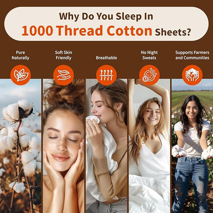 LBRO2M 1000 Thread Count 100% Egyptian Cotton Sheets Set 6 Piece Sets King Bed Sheet Deep Pocket Sheet Set 16" Soft Comfortable All Season (King, White)