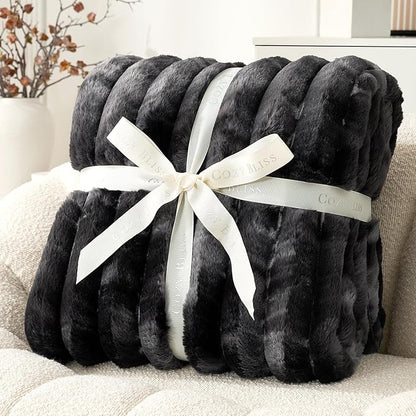 Cozy Bliss Faux Fur Throw Blanket for Couch, Cozy Warm Plush Striped Blanket for Sofa Bedroom Living Room, 90 * 90 Inches Tie-dye Black