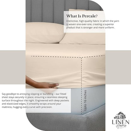 Linen Home 100% Cotton Percale Sheet Set, Twin Size, Ivory, Deep Pocket, 4 Pieces Set - 1 Flat, 1 Deep Pocket Fitted Sheet and 2 Pillowcases, Crisp Cool and Strong Bed Linen