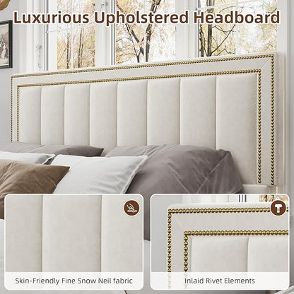 BarnFurin Full Size Bed Frame with 50" Tall Headboard and Footboard, Chenille Upholstered Platform Bed, Vertical Channel Tufting with Nailhead Trim, No Box Spring Needed, Easy Assembly, Beige