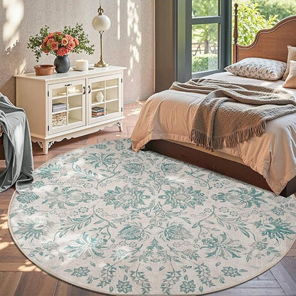 jinchan Torino Classic Floral Round Rug 8ft Vintage-Inspired Design 8’Circle Rug Machine Washable Ultra-Thin Low-Pile Non-Slip Indoor Carpet for Bedroom Dining Room Living Room