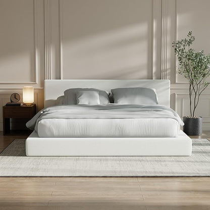 RECCI Cloud Upholstered California King Bed Frame with Headboard, 5 Inch Foam Padded Platform, No Box Spring, Easy Assembly (Snow White)