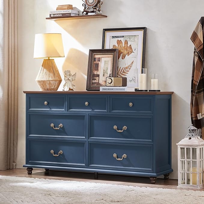 24" Wide Farmhouse Nightstand Set of 2, 54" 7 Drawers Dresser, 45" Tall Rustic Chests of 5 Drawers w/ 4 Solid Wood Feet, Farmhouse Furniture Series for Living Room,Bedroom,DarkBlue