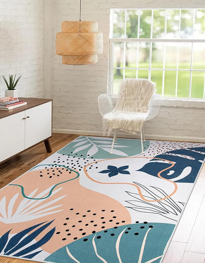 Lahome 4x6 Area Rugs for Bedroom - Washable Non-Slip Rugs for Entryway Stain Resistant Ultra-Thin Soft Floor Rug for Office, Boho Botanical Print Non-Shedding Indoor Rugs for Living Room Kitchen