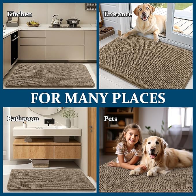 OLANLY Dog Door Mat for Muddy Paws 35x24, Absorbs Moisture and Dirt, Absorbent Non-Slip Washable Doormat, Quick Dry Chenille Mud Mat for Dogs, Entry Indoor Entryway Carpet for Inside Floor, Tan