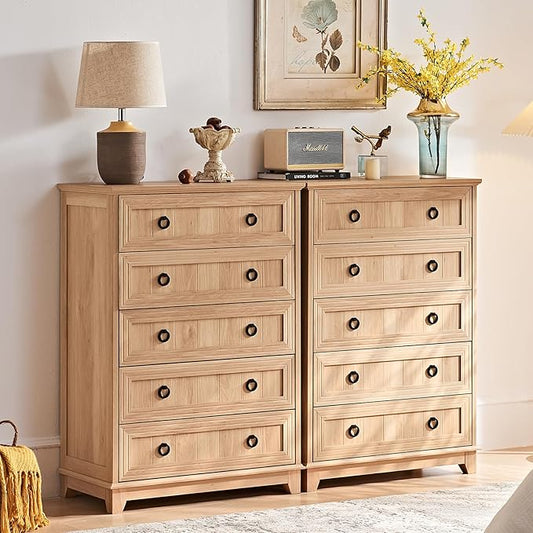 Farmhouse 5 Drawer Dresser for Bedroom Set of 2, 42" Tall Small Dressers & Chest of Drawers, Rustic Wood Dresser with Metal Handle, Storage Organizer Closet for Living Room, Hallway,Entryway