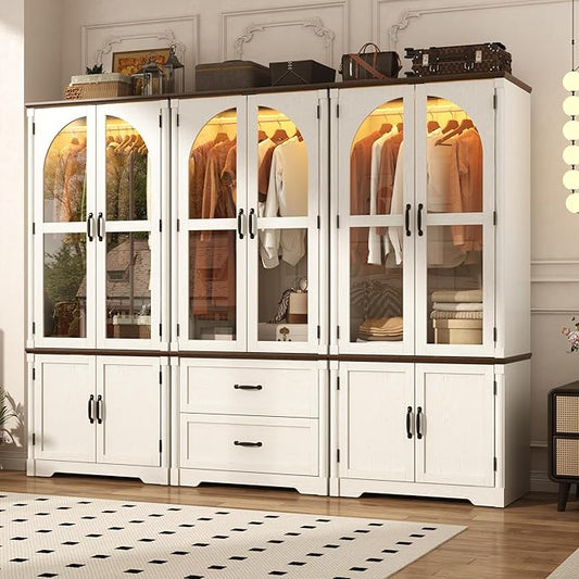 Tall Farmhouse 6 Doors Armoire Wardrobe Closet with LED ,72" Freestanding Arched Wardrobe Closet Cabinet for Bedroom w Glass Doors/Drawers,Wooden Clothing Storage Cabinet,Closets for Bedroom(White)