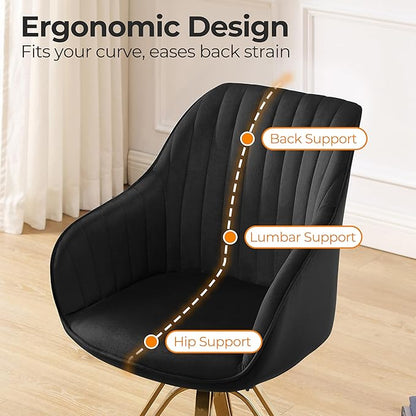 Zouron Swivel Accent Chair with Gold Metal Legs, Velvet Desk Chair Without Wheels for Living Room Bedroom Office, Black