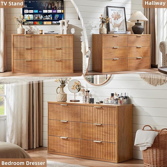 LEYAOYAO Fluted Dresser and Nightstand Sets, Wood 48" Wide Dresser & 23" Night Stand with Charging Station, 2 Piece Bedroom Furniture Set, Chest of Drawers for Bedroom, Home, Living Room, Brown