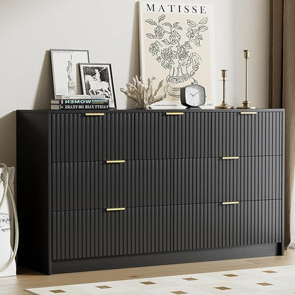 Black Dresser for Bedroom, Modern Dresser with 7 Drawers and Smooth Slides, Wide Chest of Drawers with Golden Handles for Bedroom, Living Room, Closet, 15.7" D x 55.1" W x 31.4" H