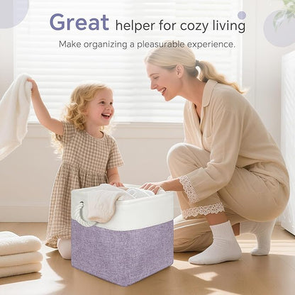 Large 11x11 Inch Cube Storage Bins with Cotton Handles for Closet, Shelves, Clothes, Towel (White/Purple-6 Pack)