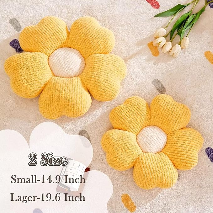 Kcvvcr Flower Throw Pillow, Cute Flower Shaped Pillow Decorative Throw Pillow for Bed Couch, Soft Daisy Pillows Floor Seating Cushion Cushions (14.9 Inch Yellow)