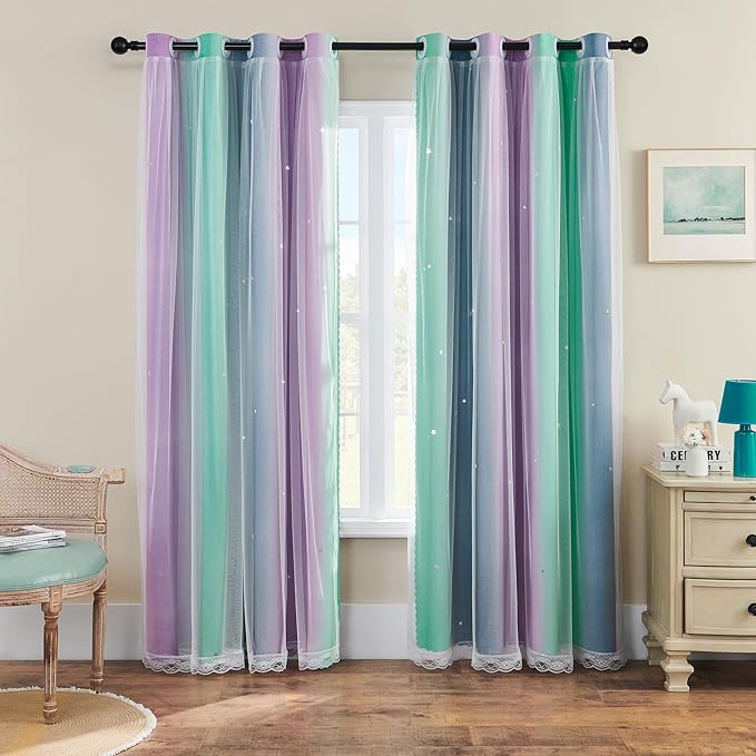 XiDi Curtains for Bedroom Decor, Rainbow Purplgreen grey52/96