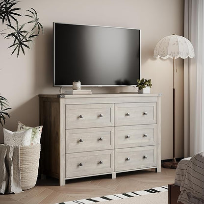 Dresser for Bedroom with 6 Drawers, Farmhouse Wood Chest of Drawers, Wide TV Stand Closet Storage Furniture with Metal Handle, Modern Clothes Organizer for Hallway, Living Room, Entryway, Light Grey