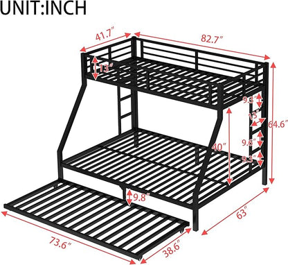 Upgraded Version Thicken Stronger Metal Heavy-Duty Twin XL Over Queen Bunk Bed with Twin Size Trundle, Twin Over Queen Bunk Bed for Adults with Ladders, Easy Assemble (Twin XL/Queen)