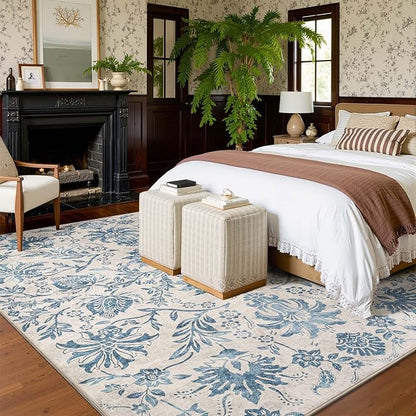 jinchan Torino Floral 8x10 Area Rugs, Vintage-Inspired Design Accent Living Room Rug, Machine Washable Ultra-Thin Low-Pile Non-Slip Traditional Carpet for Bedroom Dining Room Home Office, Dark Blue