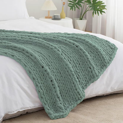 Chunky Knit Throw Blanket 60"X 80", 100% Handmade with Soft Chenille Yarn, 6.7lbs Thick Cable Knitted Blankets, Large Rope Knot Crochet Throws for Couch Sofa Bed Home Decor, Sage Green
