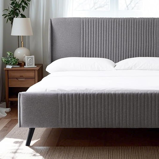 Livinia Sunset Full Size Wingback Platform Bed, Fabric Upholstered Full Bed Frame with Vertical Channel Tufted Headboard Footboard, Strong Wood Slats, No Box Spring Needed, Gray