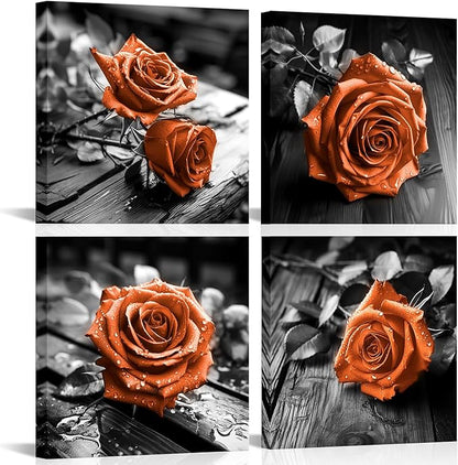 VANSEEING 4 Pieces Orange and Black Rose Flower Canvas Wall Art Floral Pictures Prints Modern Romantic Artwork Wall Decor for Valentine's Day Living Room Bedroom 12x12inchx4Pcs
