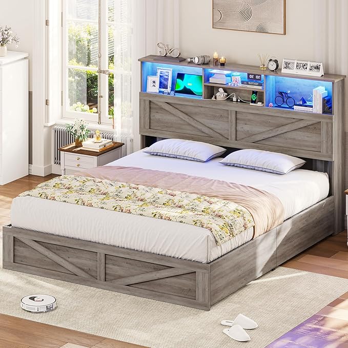 VIAGDO Farmhouse Bed Frame Queen Size with Bookcase Storage Headboard, Charging Station and LED Lights, Wooden Queen Bed Frame with 4 Drawers, Barn Door Design, No Box Spring Needed, No Noise, Grey