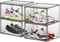 4 Pack Grey Large Shoe Storage Boxes Clear Plastic Stackable Shoe Display Case with Magnetic Door, Easy Assembly Fit up to US Size 13