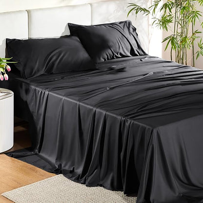 Bedsure California King Sheet Sets, Cooling Sheets for Hot Sleepers, Rayon Derived from Bamboo, Breathable & Soft, Deep Pocket Up to 16 Inches, Hotel Luxury Silky Bedding, Black