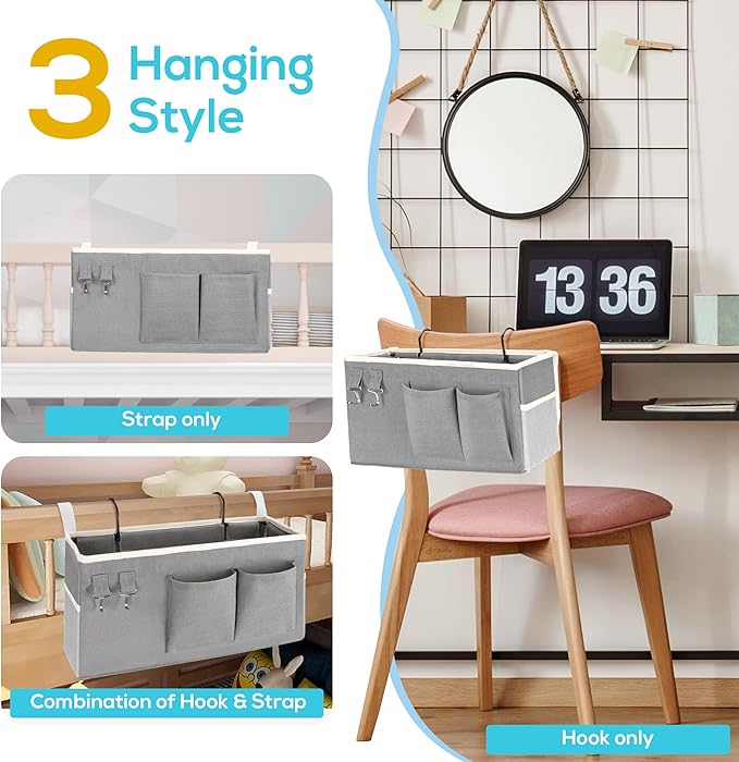 Kanrichu 2pcs Bedside Caddy Hanging Storage Bag, Organizer Baskets with Pockets for Bunk Bed Shelf and Hospital Beds, Loft & Dorm Rooms Chair Bed Rails Accessories (Bedside bag-Riceball)