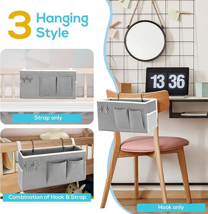 Kanrichu 2pcs Bedside Caddy Hanging Storage Bag, Organizer Baskets with Pockets for Bunk Bed Shelf and Hospital Beds, Loft & Dorm Rooms Chair Bed Rails Accessories (Bedside bag-Riceball)