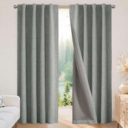 Joydeco Blackout Curtains for Bedroom - 100% Light Blocking 2 Panels Light Grey Drapes 42"W x 108"L, Thermal Insulated Room Darkening Curtains, Linen Textured for Living Room, Rod Pocket & Back Tabs