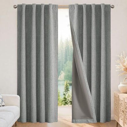 Joydeco Blackout Curtains for Bedroom - 100% Light Blocking 2 Panels Light Grey Drapes 66" W x 90" L, Thermal Insulated Room Darkening Curtains, Linen Textured for Living Room, Rod Pocket & Back Tabs