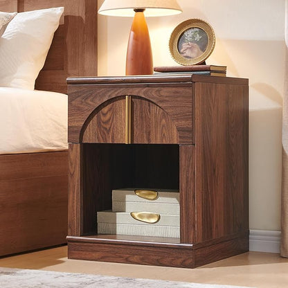 ACCOHOHO Modern Night Stand with Arched Panel,18" Wooden nightstand with Charging Station,Bedside Table with Drawer Storage,Side End Table with Open Shelf for Bedroom,Living Room,Brown