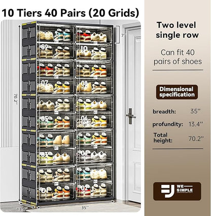 40 Pairs Portable Shoe Storage Cabinent of 3-Step Fast Installation,Plastic Shoe Box with Magnetic Clear Door for Entryway, Enclosed Shoe Rack for Sneaker, Heels etc.. (2Row, 10Tier)