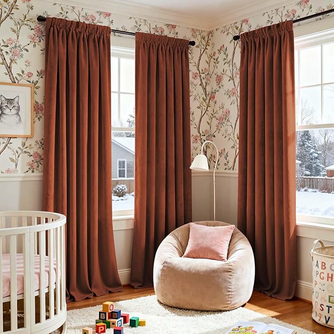 Lazzzy Burnt Orange Blackout Velvet Curtains 96 Inches Long Thermal Insulated Room Darkening Curtain Drapes Luxury Back Tab Window Treatments for Bedroom Living Room 2 Panels, 52 x 96 Inch, Caramel