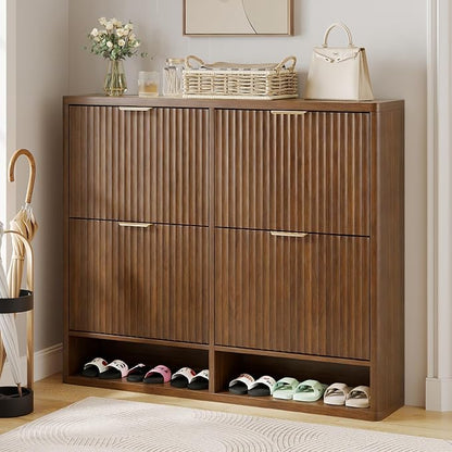 Fluted Shoe Cabinet Storage with 4 Flip Drawers, Narrow Shoe Storage Organizer for Entryway, Hidden Slim Wooden Shoe Rack Cabinet for Front Door Entrance, Hallway, Living Room (4-Drawer, Walnut)