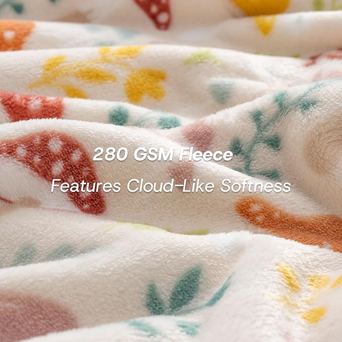 Luxury Printed Fleece Warm Throw Blanket, Soft Lightweight Velvety Plush Throw for Couch and Bed, Cozy Comfy for All Seasons(Cream Various Mushrooms, 50×70 Inches)