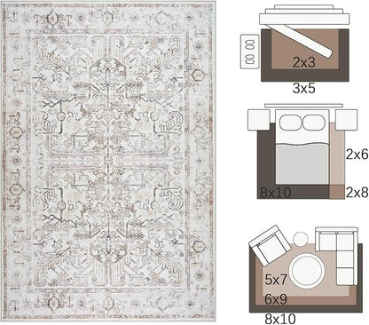 jinchan Lima 6x9 Area Rug for Living Room Washable Soft Throw Rug Ultra-Thin Stain Resistant Non-Slip Distressed Vintage Floral Large Carpet for Bedroom, Dining Room Home Office Nursery (6x9ft, Taupe)