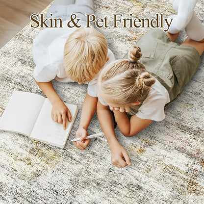 9x12 Area Rugs for Living Room, Non Slip Machine Washable Vintage Rugs, Low Pile Lightweight Large Rug for Bedroom, Dining Room, Home Office Gray Rust