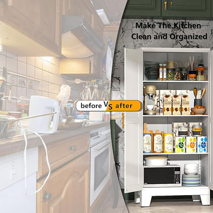 White Metal Kitchen Storage Cabinet, Kitchen Pantry Storage Cabinet with Doors and Shelves, Storage Cabinet with Adjustable Leveling Foot for Kitchen, Living Room and Dining Room. 61" H